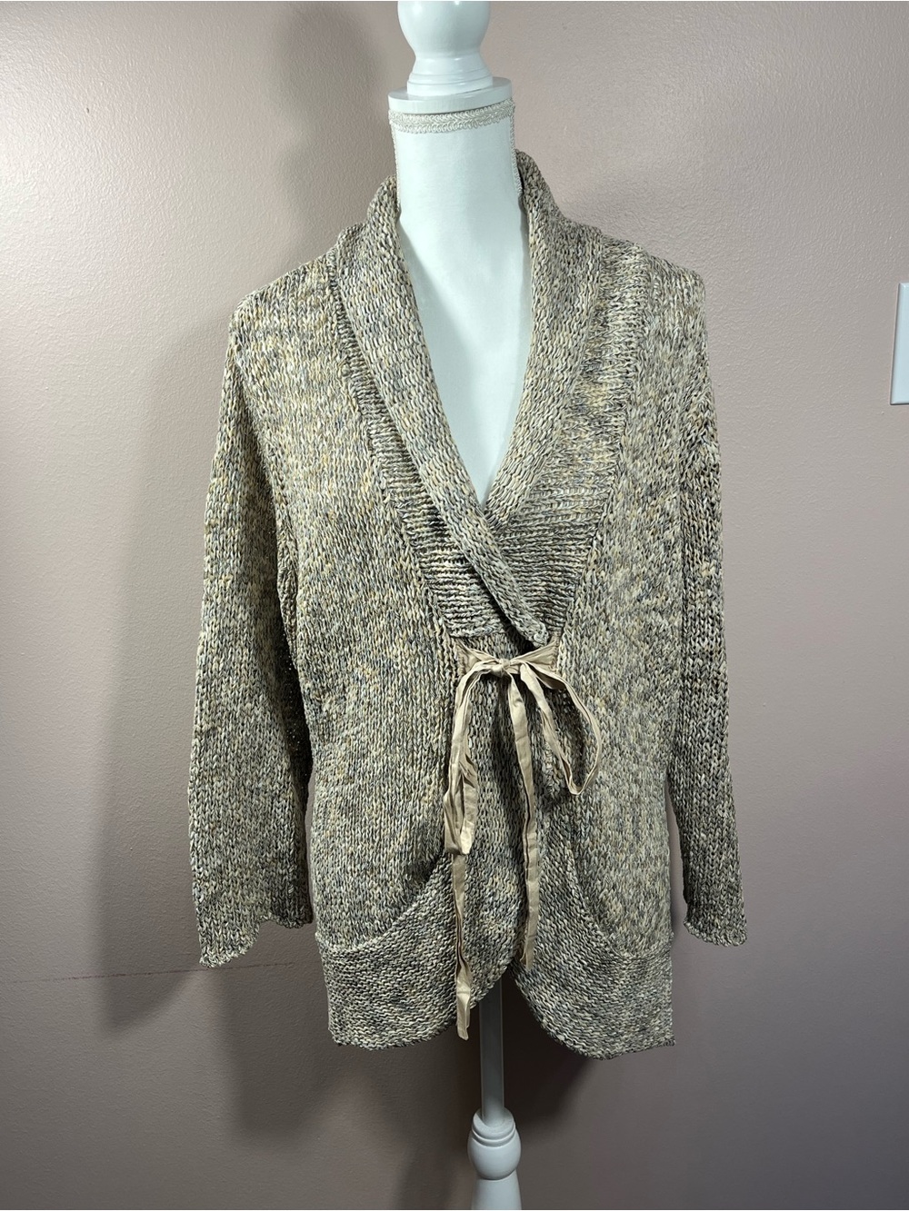 White House Black Market Beige Mix Shawl Collar Tie-Front Cardigan